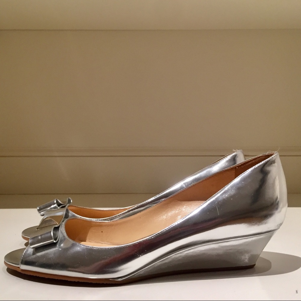 Kate Spade Silver Bow Peep-toe Low Wedge